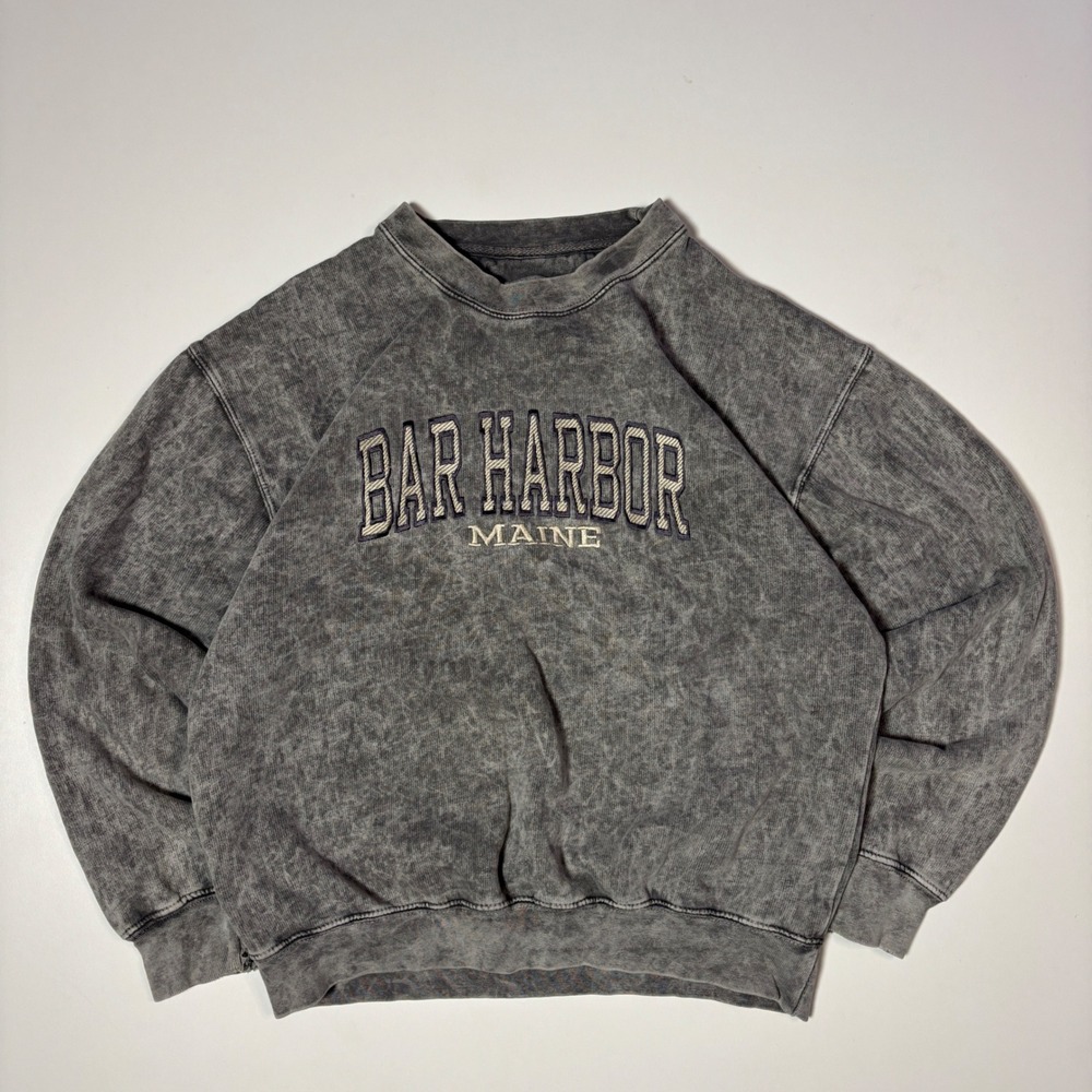 US Vintage Bar Harbor Maine Sweatshirt Mens Medium Grey Acid Wash Embroidered